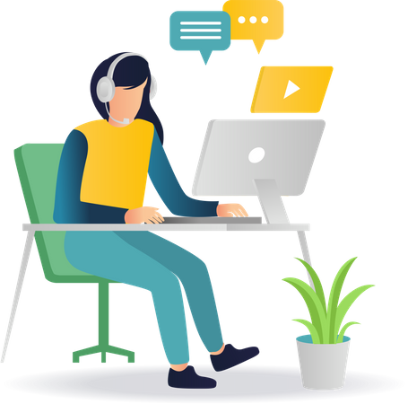 Girl with headset working as customer support representative Illustration