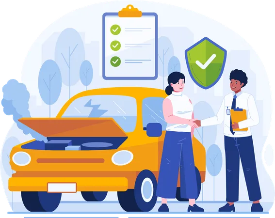 Car Insurance Concept Illustration A Girl With Her Damaged Car Agrees To Get Insurance Coverage From A Male Agent Illustration