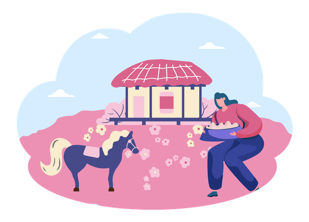 Girl with horse on jeju island  Illustration