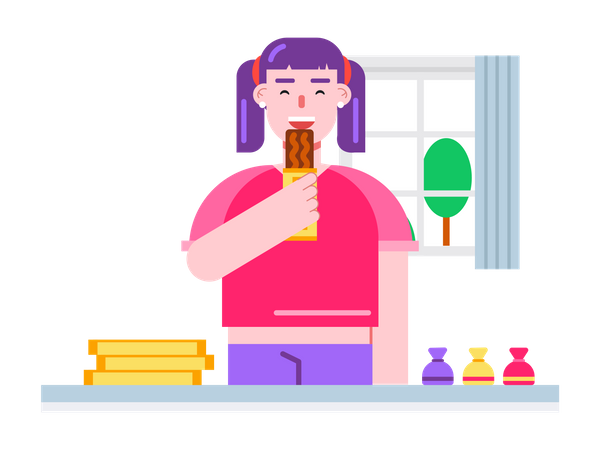 Young girl standing near the table and eating chocolate bar  Illustration