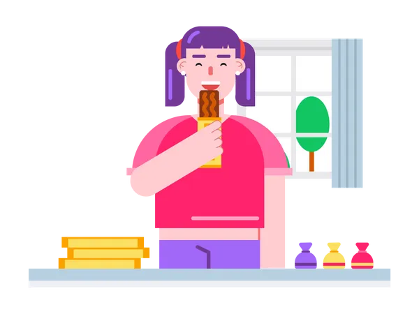 Young girl standing near the table and eating chocolate bar  イラスト