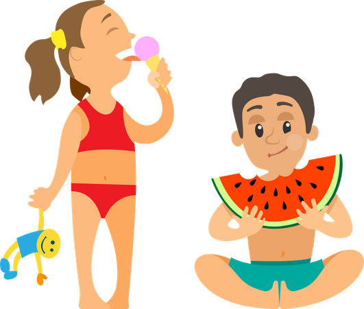 Girl with ice cream and doll and boy with watermelon  Illustration
