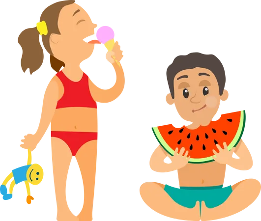 Kids In Swimwear With Snack Children Summer At Beach Vector Girl With Ice Cream And Doll Boy With Watermelon Isolated Characters Recreation At Seaside Illustration