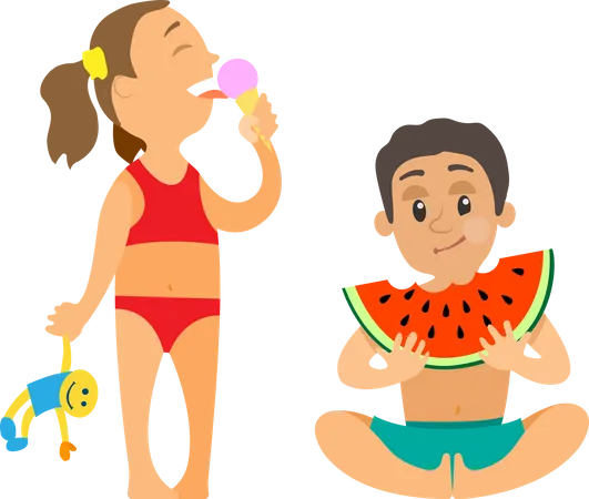 Girl with ice cream and doll and boy with watermelon  Illustration