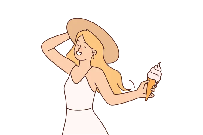 Girl With Ice Cream In Waffle Cone Enjoys Summer Holidays And Hot Sunny Weather Happy Young Woman In Summer Dress And Hat Eats Cold Ice Cream With Creamy Flavor To Refresh Herself After Walk Illustration