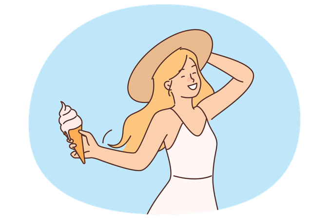 Girl with ice cream in waffle cone enjoys summer holidays and hot sunny weather.  Illustration