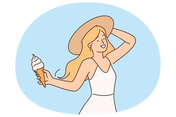 Girl with ice cream in waffle cone enjoys summer holidays and hot sunny weather.  Illustration