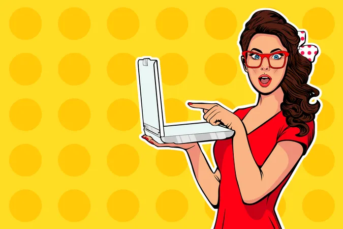 Girl with laptop in the handpointing with finger on it  Illustration