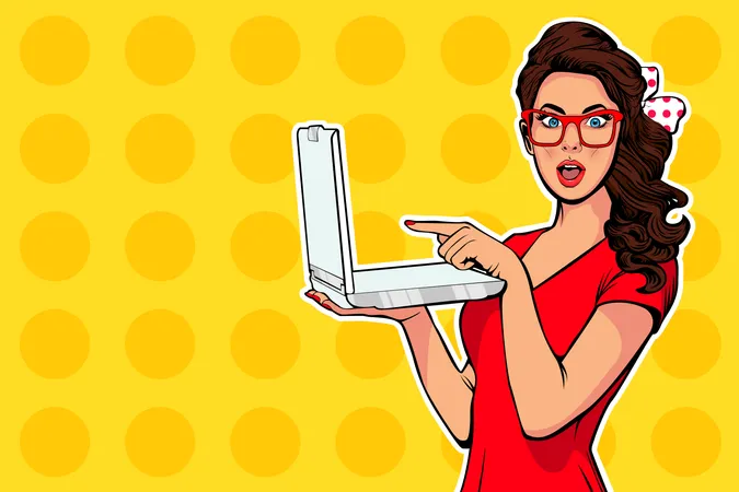 Girl with laptop in the handpointing with finger on it Illustration