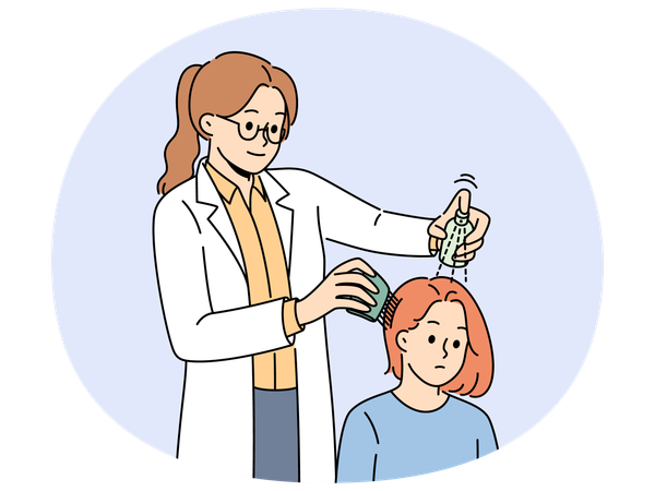 Girl with lice in hair at doctors appointment using spray and comb to treat and fight nits  Illustration