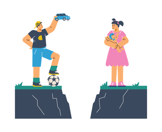 Girl with little baby doll and boy with toy car and soccer ball  Illustration