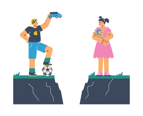Girl with little baby doll and boy with toy car and soccer ball  Illustration