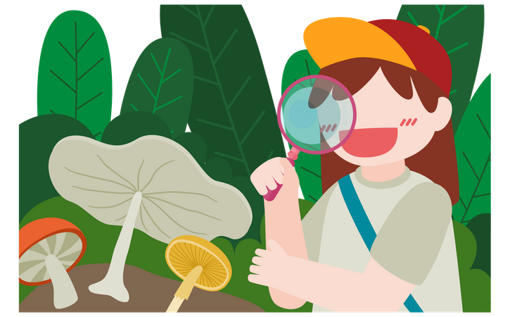 Girl with magnifying glass looking at mushrooms Illustration