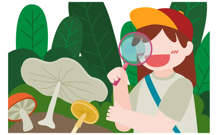 Girl with magnifying glass looking at mushrooms Illustration