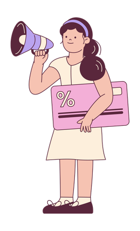 メガホンと割引カードを持つ女の子  イラスト