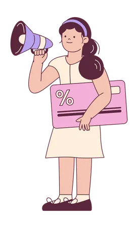 メガホンと割引カードを持つ女の子  イラスト