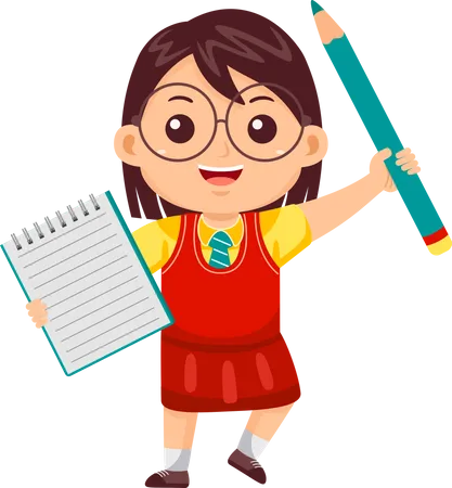 Girl Kids With Book Pencil Illustration