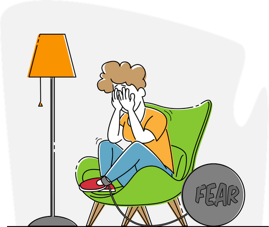 Girl with Panic Attack Illness Crying Sitting in Armchair with Heavy Bob and Chain on Leg  Illustration