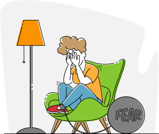 Girl with Panic Attack Illness Crying Sitting in Armchair with Heavy Bob and Chain on Leg Illustration