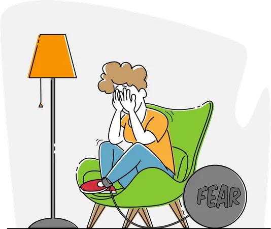 Girl with Panic Attack Illness Crying Sitting in Armchair with Heavy Bob and Chain on Leg  Illustration