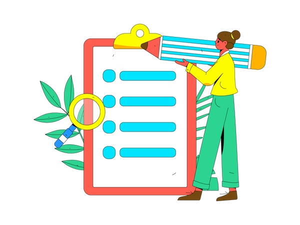 Girl with pencil filling survey form  Illustration