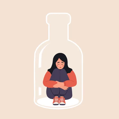 Alcoholism Concept Depressed Arabian Woman Sitting On Bottom Of Bottle And Hugging Her Knees Girl With Pernicious Habits Addiction And Substance Abuse Vector Illustration In Flat Cartoon Style Illustration