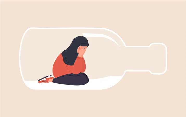 Alcoholism Concept Depressed Arabian Woman Sitting On Bottom Of Bottle Girl With Pernicious Habits Addiction And Substance Abuse Vector Illustration In Flat Cartoon Style Illustration