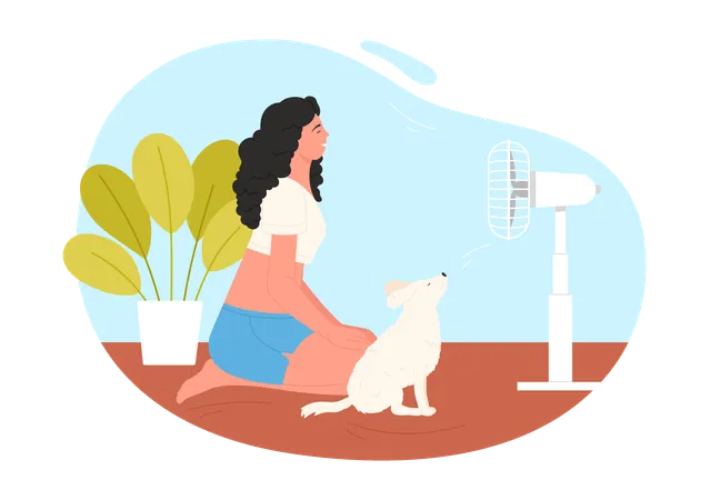 Cartoon Isolated Hot Summer Scene With Woman Happy Girl Cooling At Electric Ventilator Blowing Sitting At Home With Pet Dog And Relaxing Vector Illustration Illustration