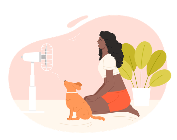 Girl with pet cooling at electric ventilator blowing  Illustration
