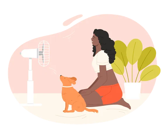 Cartoon Isolated Hot Summer Scene With Woman Happy Dark Skin Girl Cooling At Electric Ventilator Blowing Sitting At Home With Pet Dog And Relaxing Vector Illustration Illustration