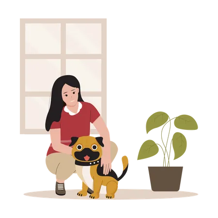 Girl with pet dog  イラスト