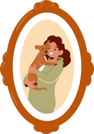 Girl with pet dog in photo frame  Illustration