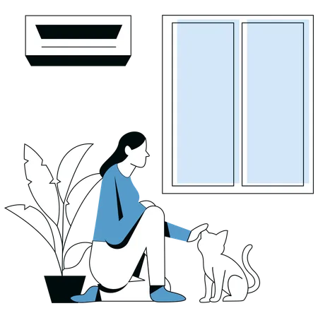 Girl with Petting Cat  Illustration