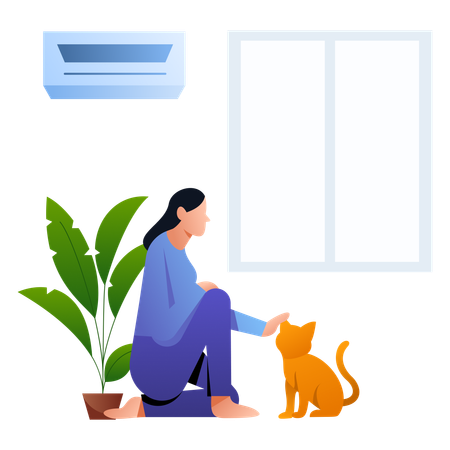 Girl with Petting Cat  Illustration