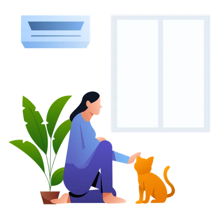 Girl with Petting Cat  Illustration