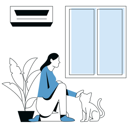 Girl with Petting Cat  Illustration
