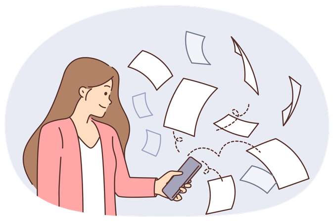 Girl with phone near flying papers symbolizing document management and digitization of paperwork  Illustration