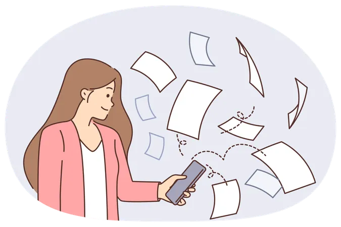 Girl with phone near flying papers symbolizing document management and digitization of paperwork  Illustration
