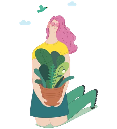 Girl with plant pot  Illustration