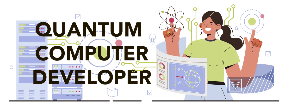 Quantum Computer Developer Typographic Header Innovative Calculations Technology Scientists Working On Quantum Computer Chip Semiconductor Manufacturing Flat Vector Illustration Illustration