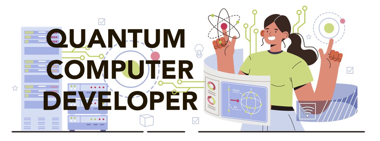 Girl with Quantum computer developer  Illustration