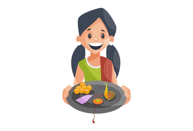 Girl with rakhi and pooja thali  イラスト