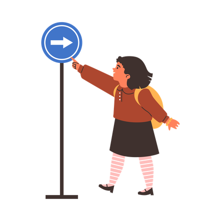 Girl with road sign in form of with arrow  Illustration