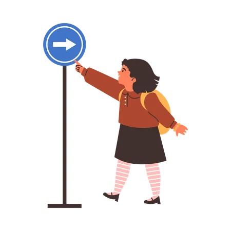 Girl with road sign in form of with arrow  Illustration
