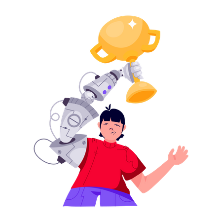 Girl with robotic hand holding Trophy  Illustration