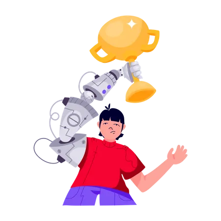 Girl with robotic hand holding Trophy  Illustration