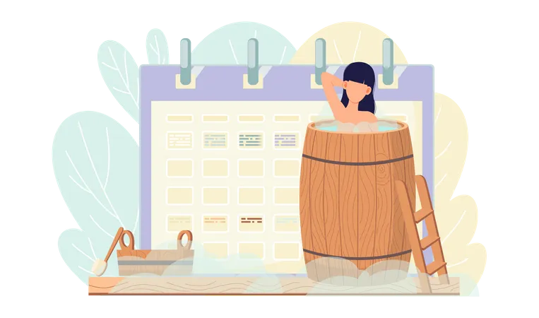 Time Tracking And Time Management Concept Sexy Girl In Wooden Barrel Is Resting And Taking Steam Bath Near Schedule Woman Bathes In Boiling Water Person Is Cleaning Skin Putting Hand Behind Head Illustration