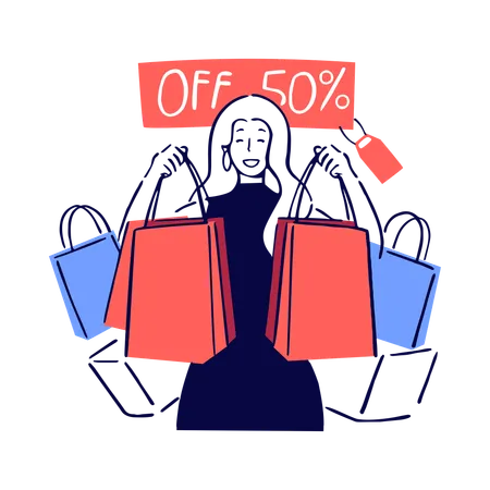 Girl with Shopping Bags  Illustration