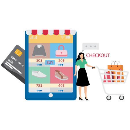 Girl with Shopping Cart and doing Checkout  Illustration