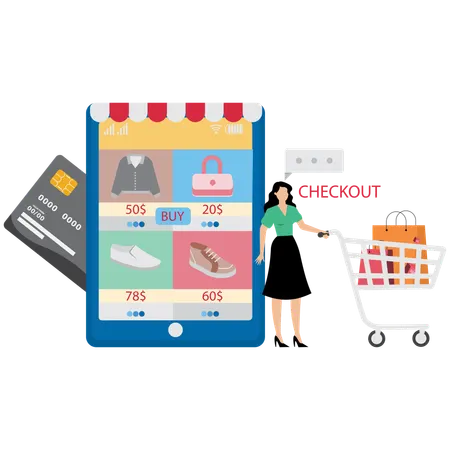 Girl with Shopping Cart and doing Checkout  Illustration